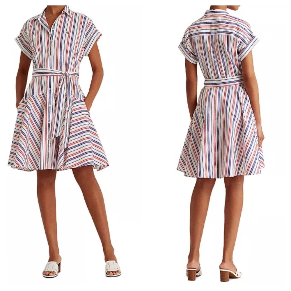 Striped Short-Sleeve Shirt Dress with Tie Belt - White/Multi